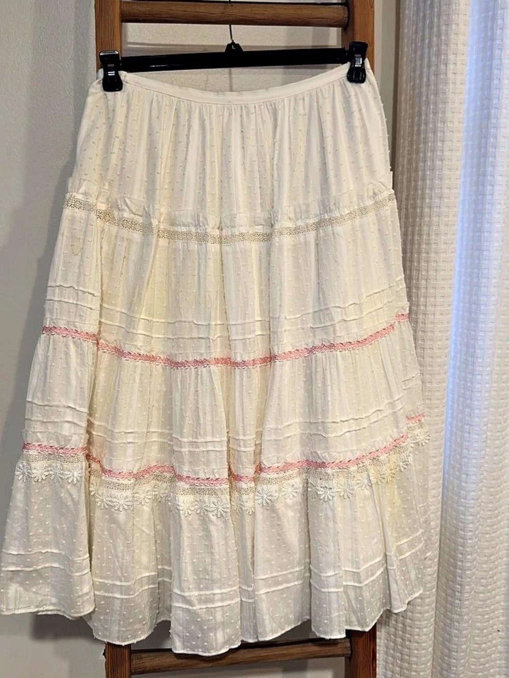 Olivaceous Tiered Cotton Maxi Skirt in White & Pink Small Like New
